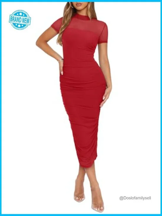 Sheer Mesh Midi Bodycon Dress Ruched Elegant Cocktail Evening Party Wear - Picture 7 of 7